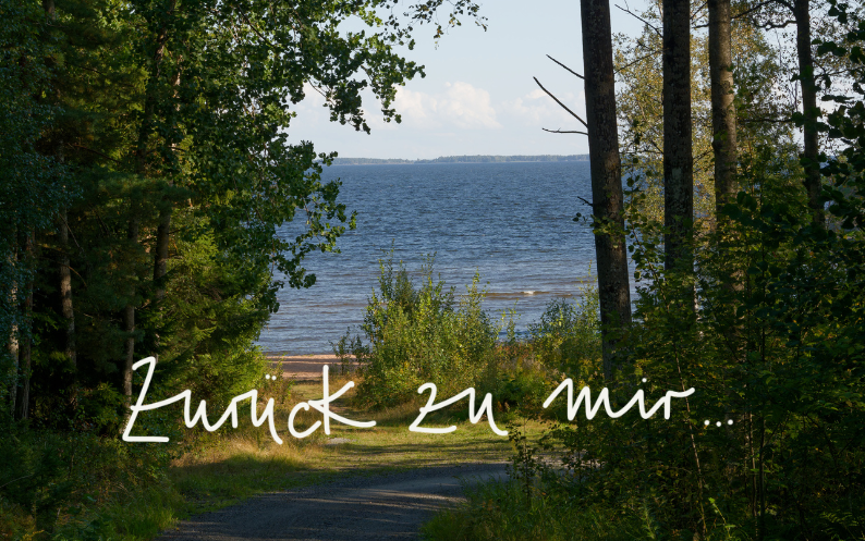 Ein Bild mit einem Bäumen, die einen See umrahmen. Es steht in Buchstaben: Zurück zu mir